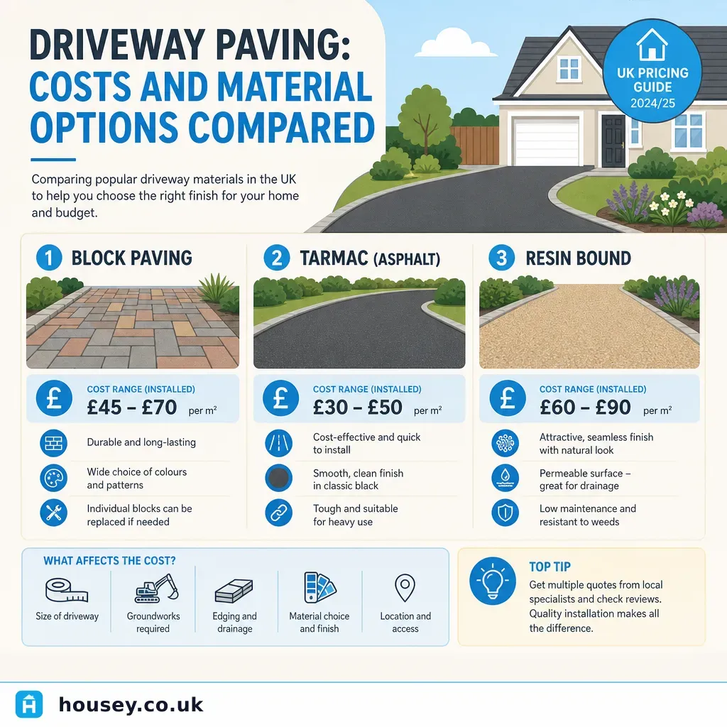 Infographic illustrating: Driveway Paving: Costs and Material Options Compared