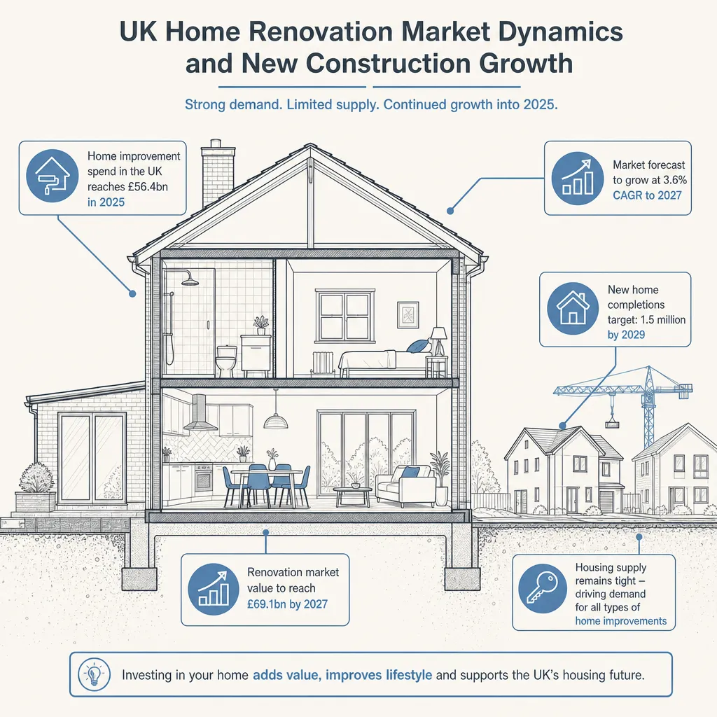 Diagram illustrating: UK Home Renovation Market Dynamics and New Construction Growth