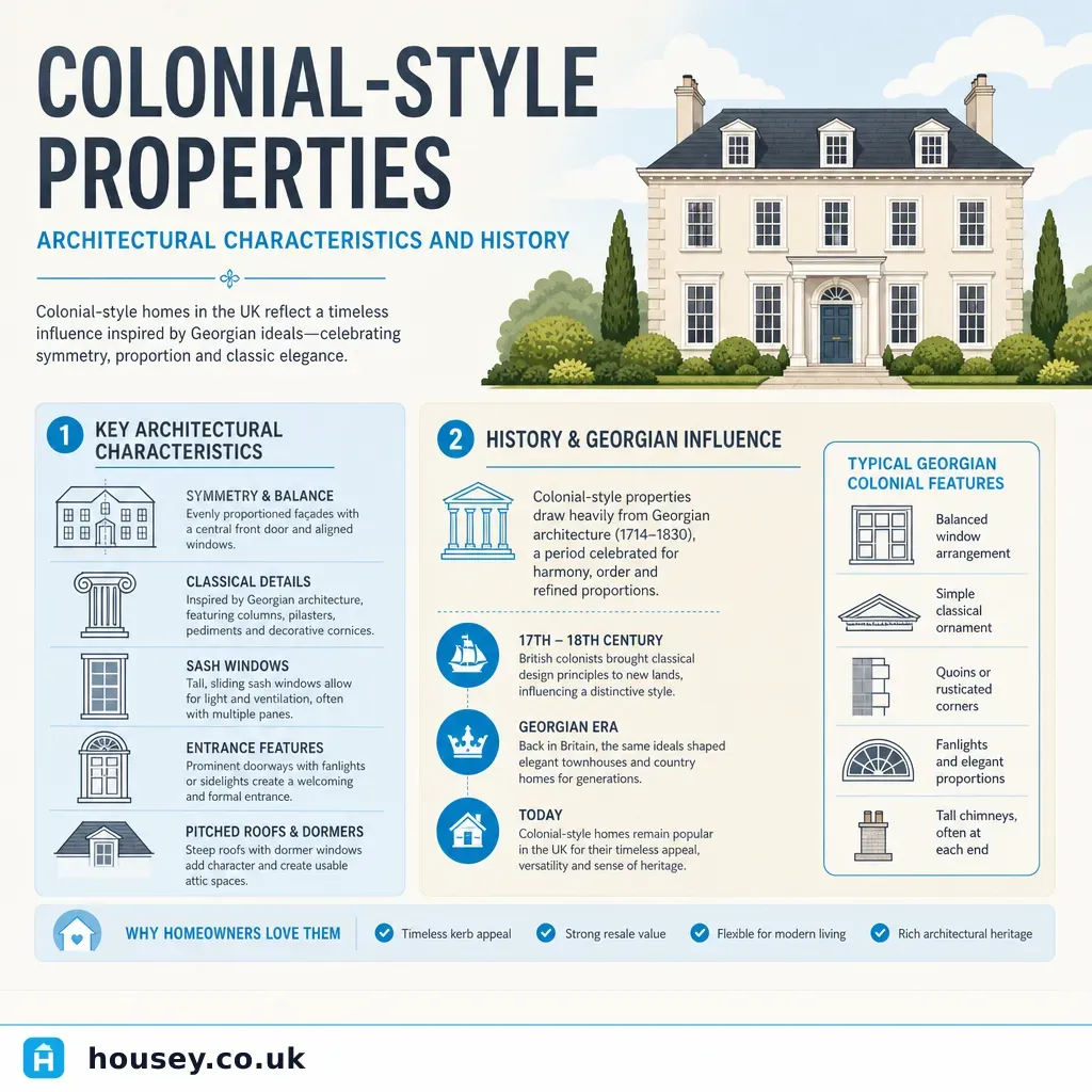 Infographic illustrating: Colonial-Style Properties: Architectural Characteristics and History