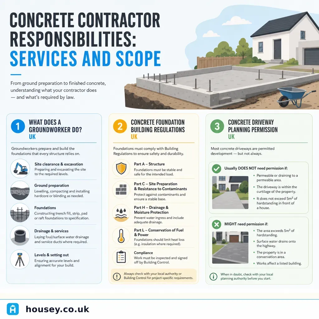 Infographic illustrating: Concrete Contractor Responsibilities: Services and Scope