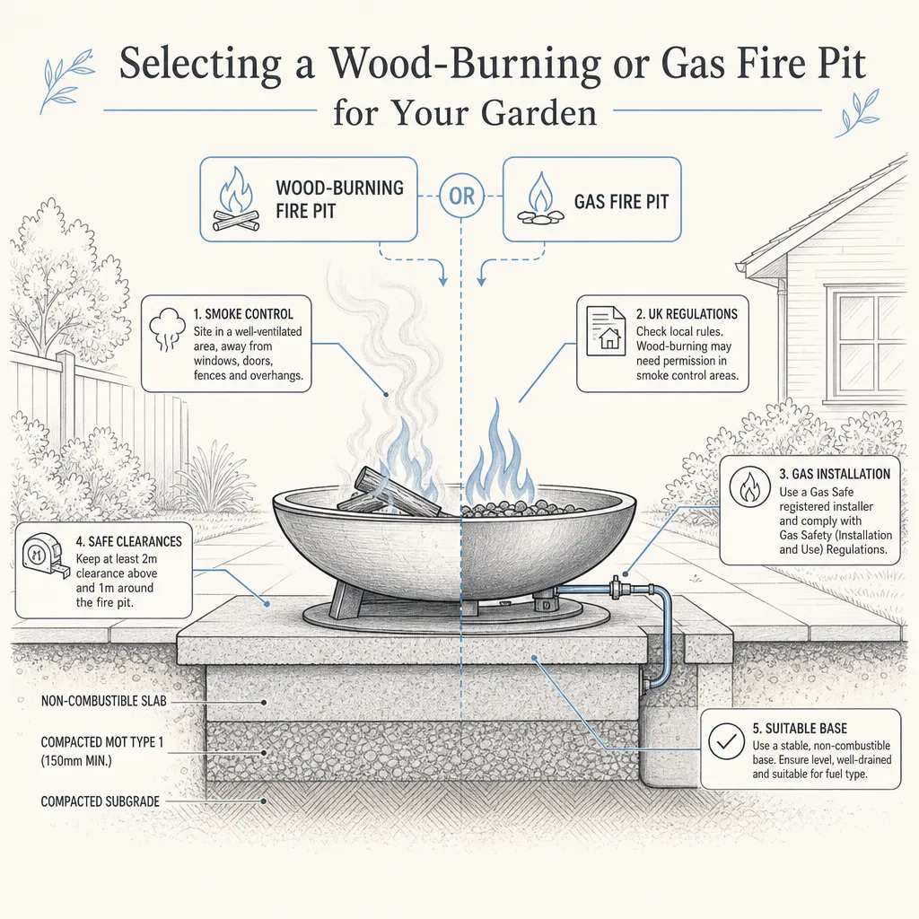 Diagram illustrating: Selecting a Wood-Burning or Gas Fire Pit for Your Garden