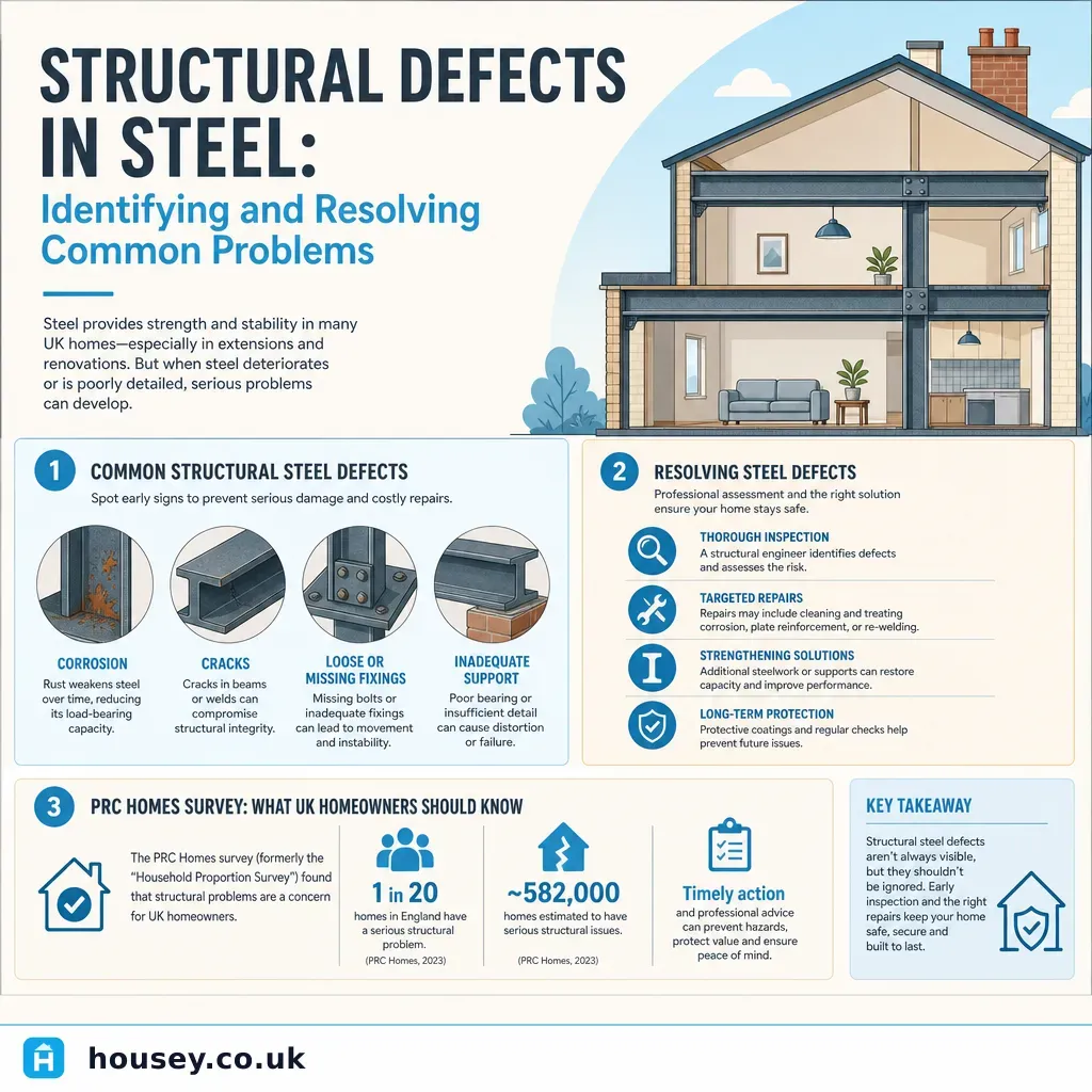 Infographic illustrating: Structural Defects in Steel: Identifying and Resolving Common Problems