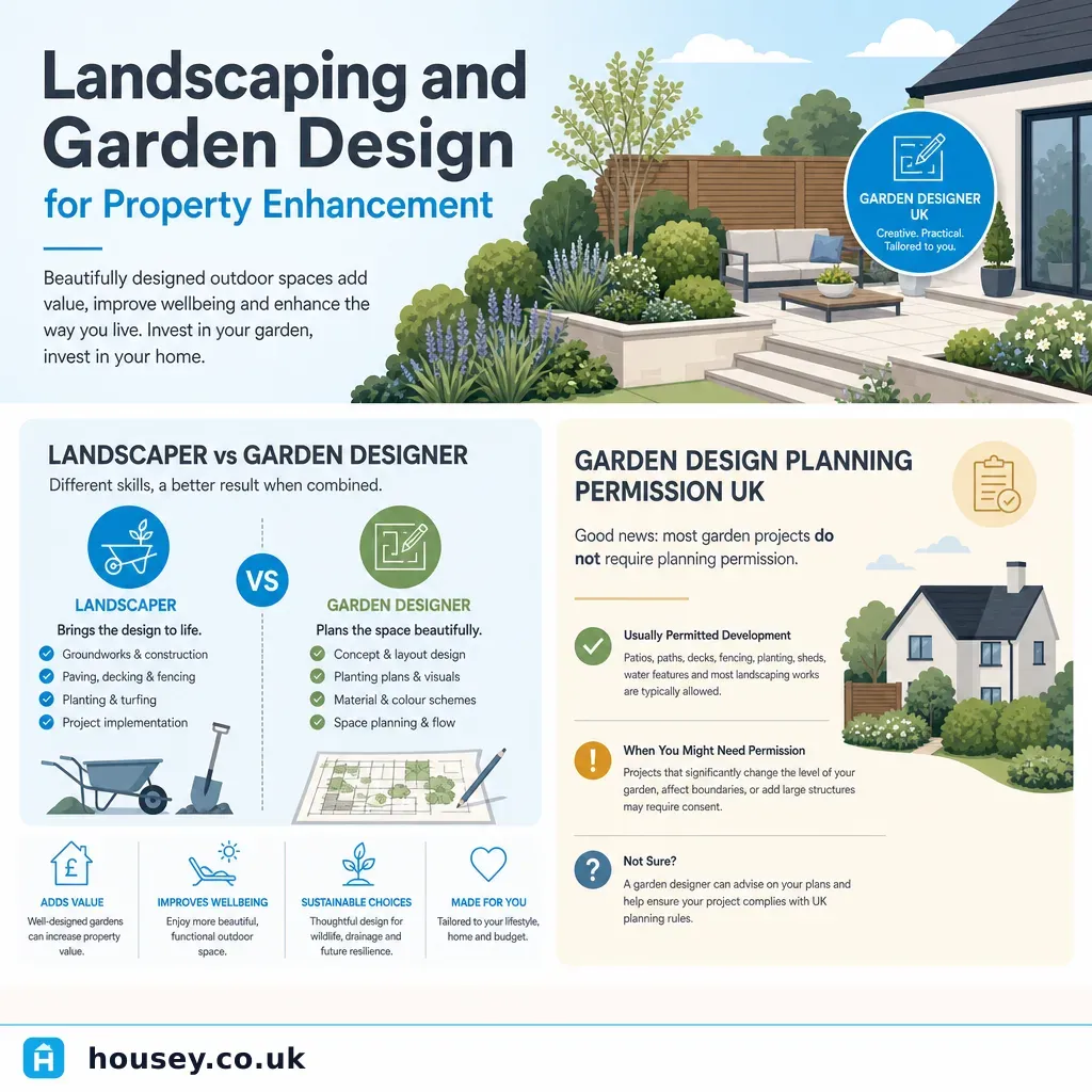 Infographic illustrating: Landscaping and Garden Design for Property Enhancement