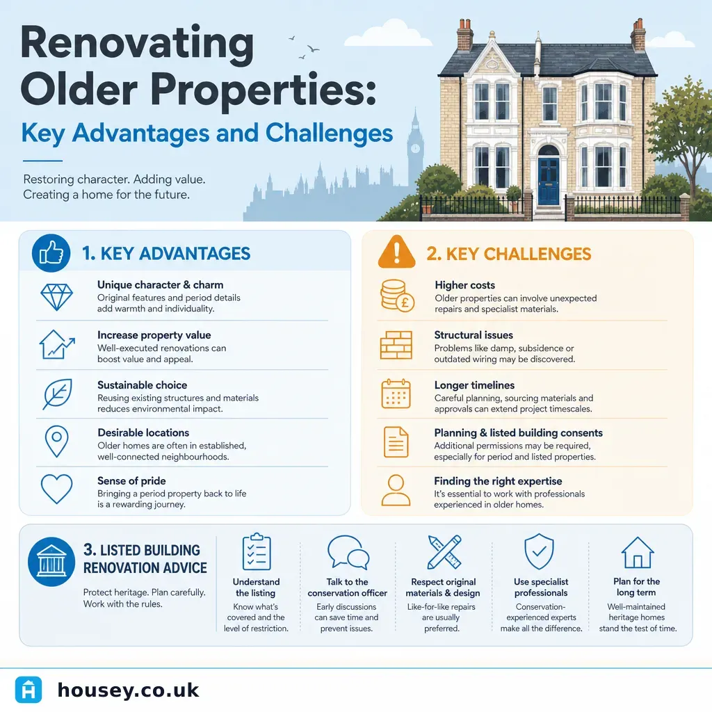 Infographic illustrating: Renovating Older Properties: Key Advantages and Challenges