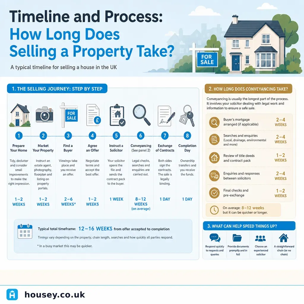 Infographic illustrating: Timeline and Process: How Long Does Selling a Property Take?