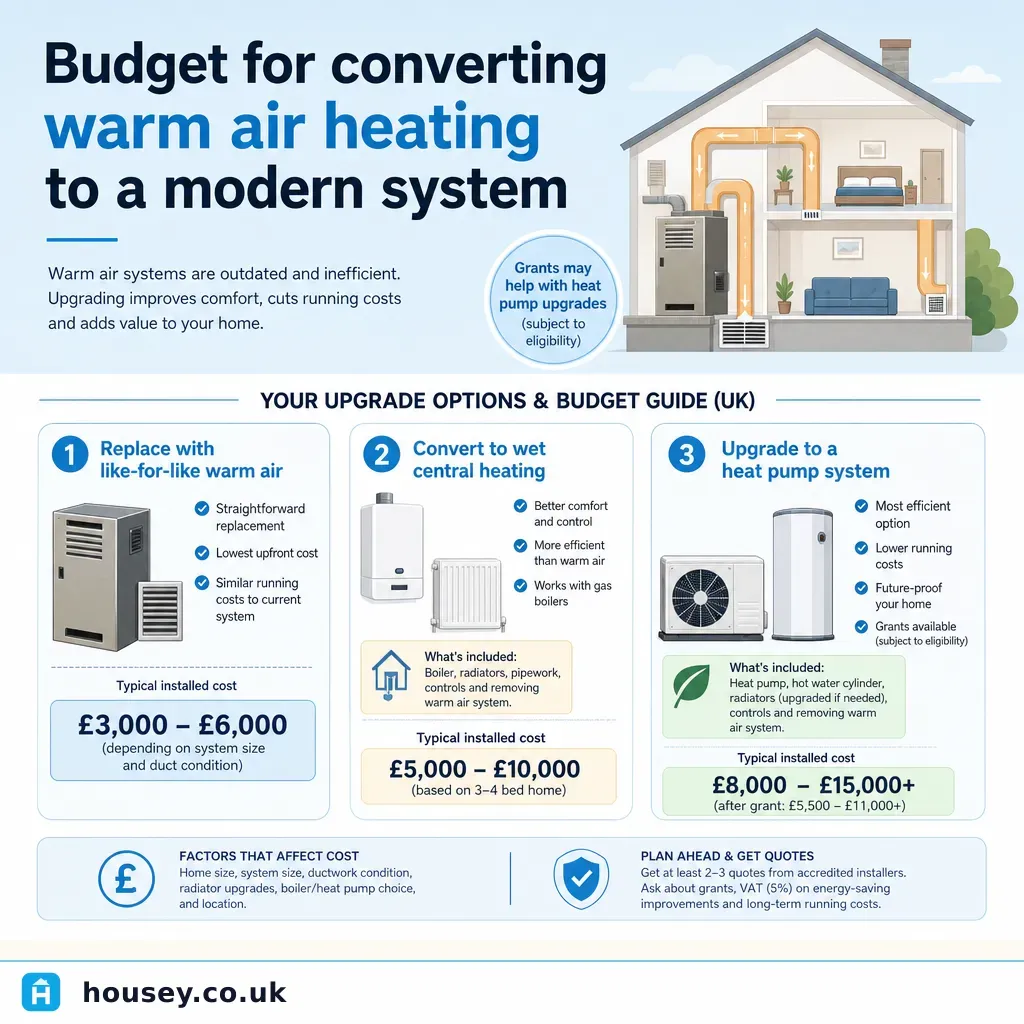 Infographic illustrating: Budget for converting warm air heating to a modern system