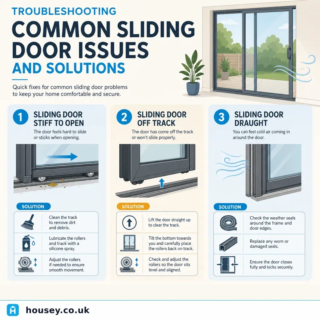 Infographic illustrating: Troubleshooting common sliding door issues and solutions