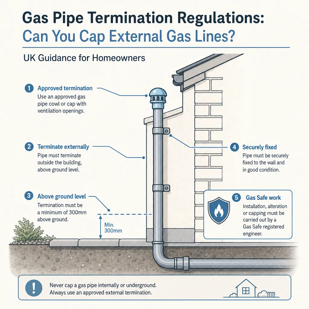 Diagram illustrating: Gas Pipe Termination Regulations: Can You Cap External Gas Lines?