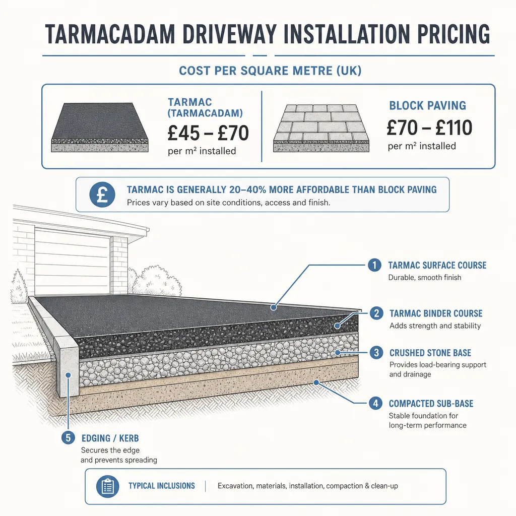 Diagram illustrating: Tarmacadam Driveway Installation Pricing