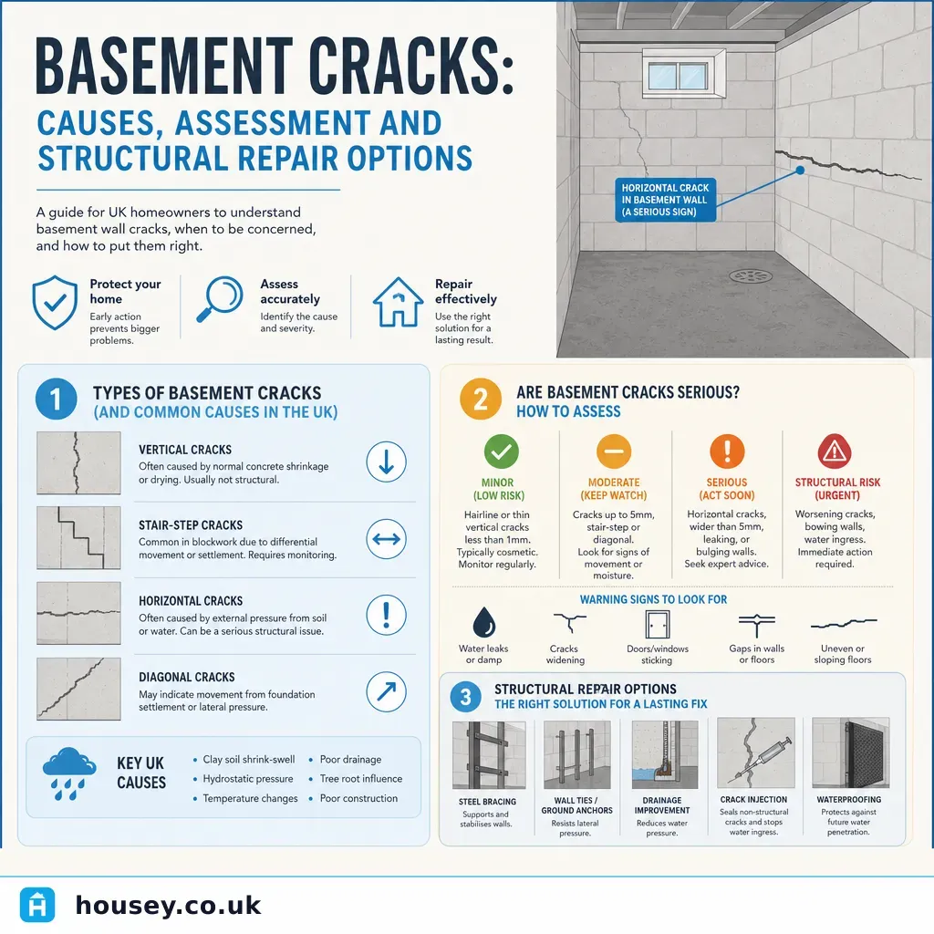 Infographic illustrating: Basement Cracks: Causes, Assessment and Structural Repair Options