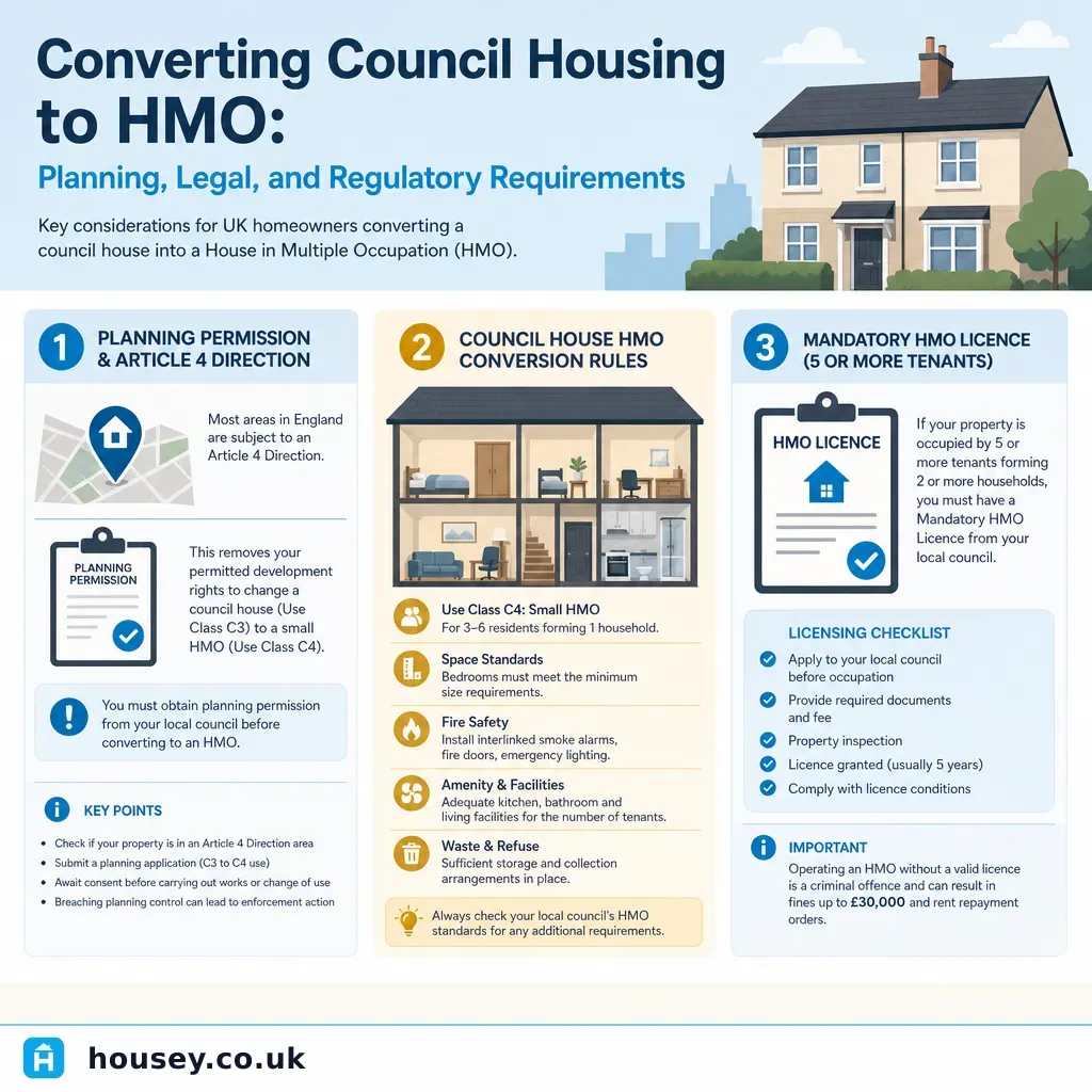 Infographic illustrating: Converting Council Housing to HMO: Planning, Legal, and Regulatory Requirements