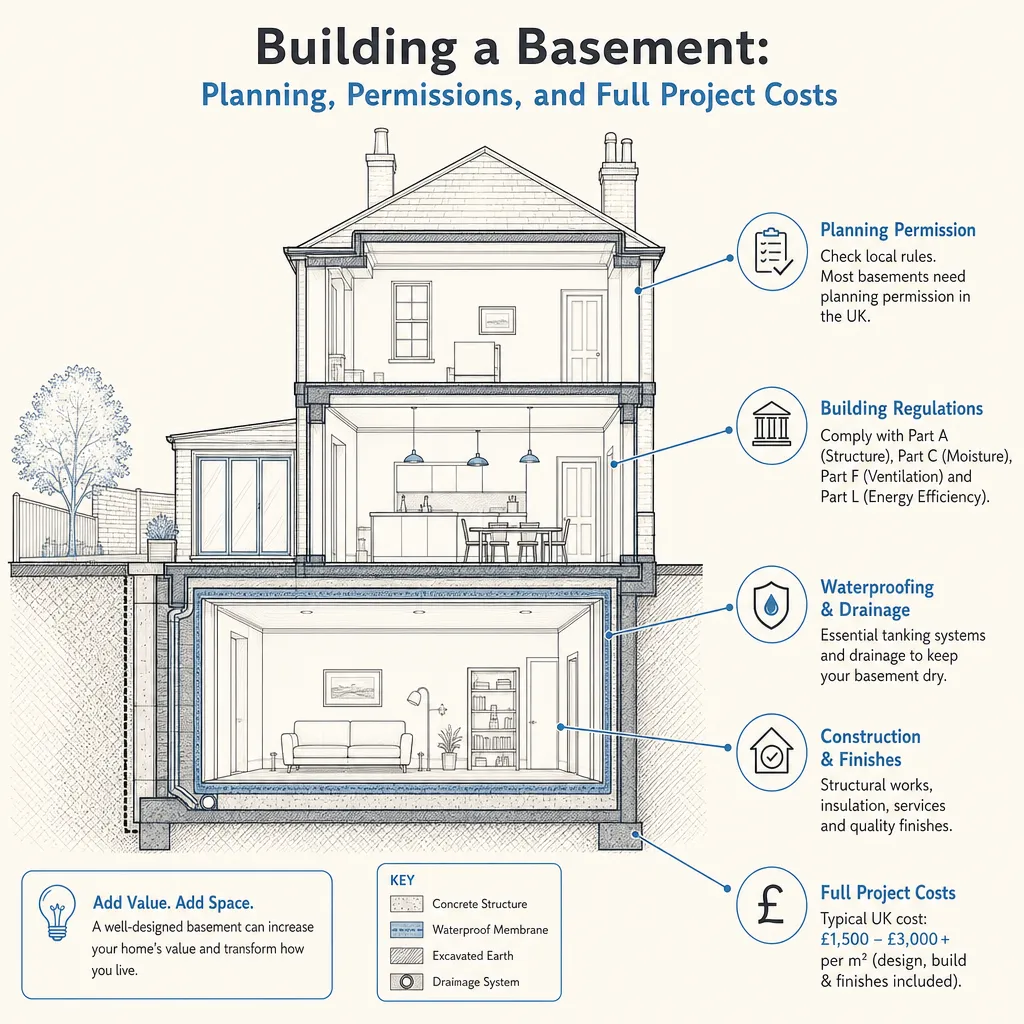 Diagram illustrating: Building a Basement: Planning, Permissions, and Full Project Costs