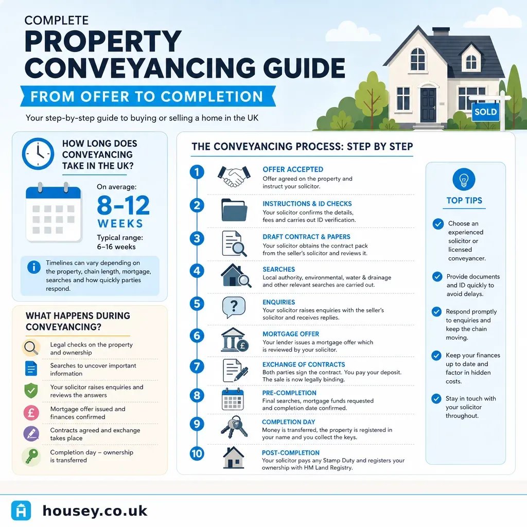Infographic illustrating: Complete Property Conveyancing Guide: From Offer to Completion