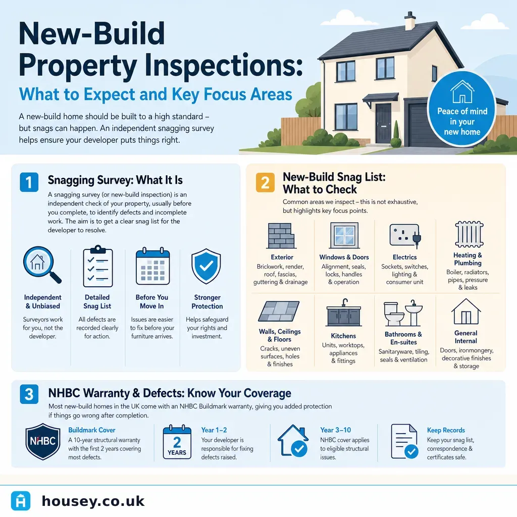 Infographic illustrating: New-Build Property Inspections: What to Expect and Key Focus Areas