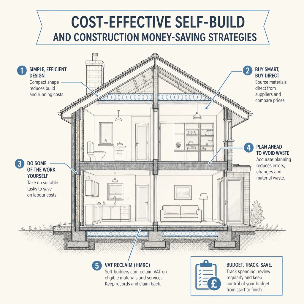 Diagram illustrating: Cost-Effective Self-Build and Construction Money-Saving Strategies