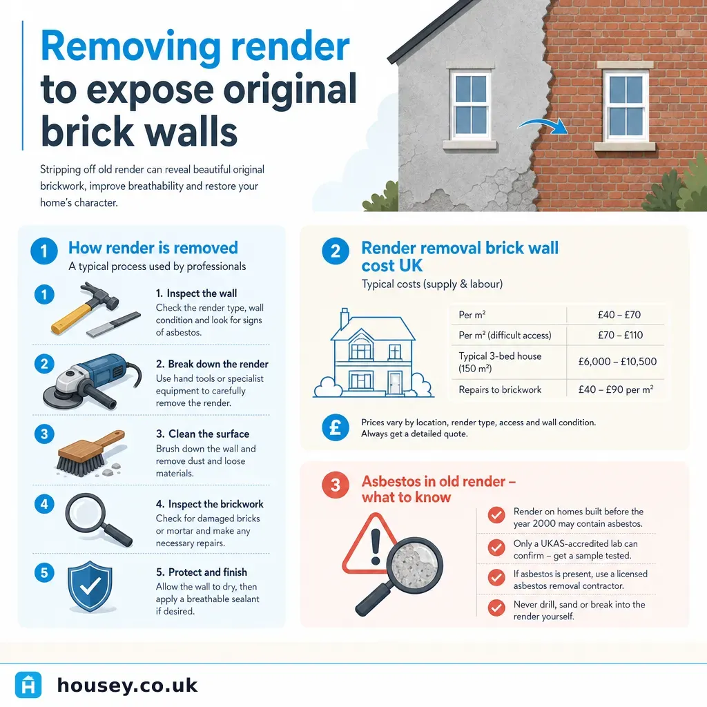 Infographic illustrating: Removing render to expose original brick walls