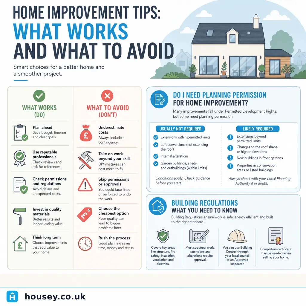 Infographic illustrating: Home Improvement Tips: What Works and What to Avoid