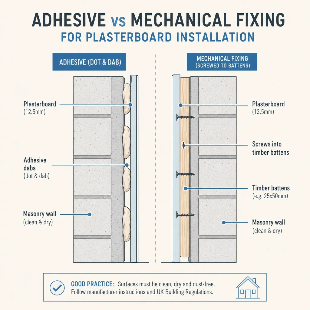 Diagram illustrating: Adhesive vs Mechanical Fixing for Plasterboard Installation