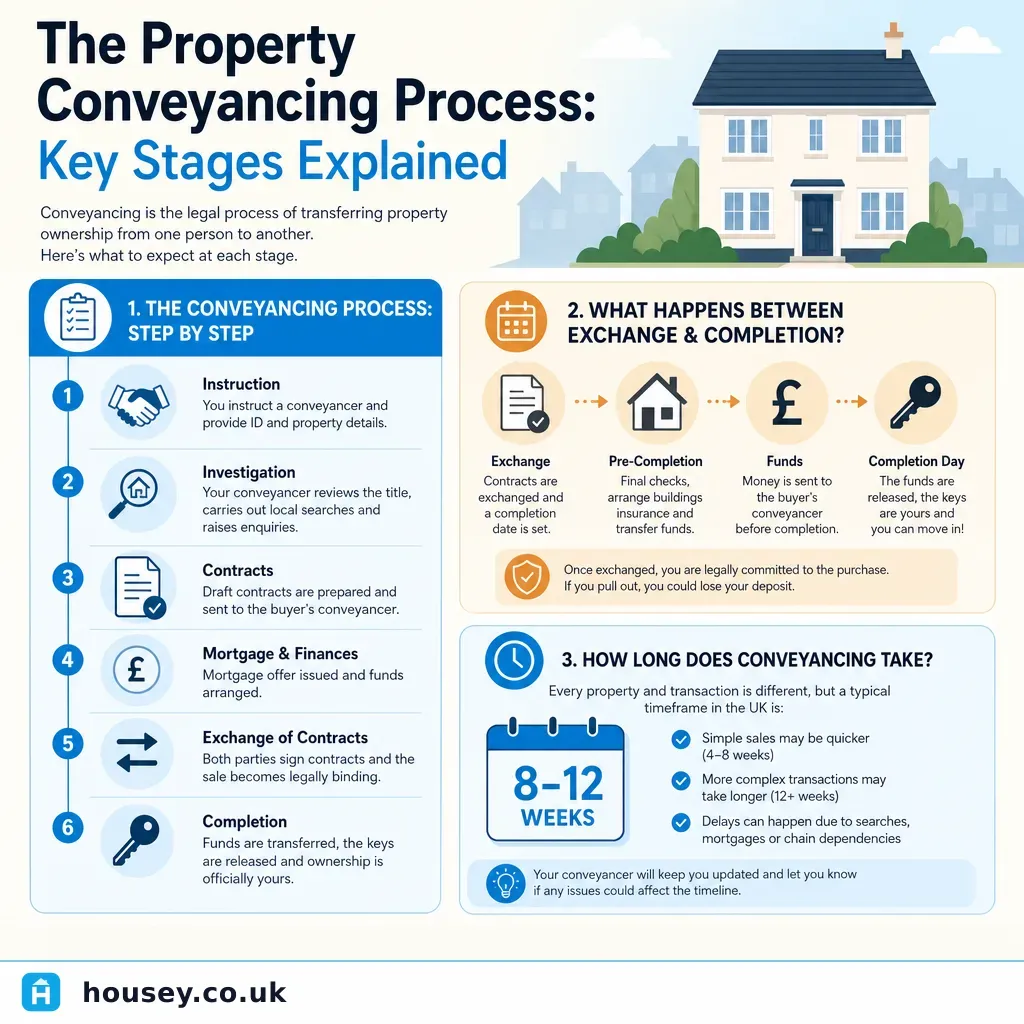 Infographic illustrating: The Property Conveyancing Process: Key Stages Explained