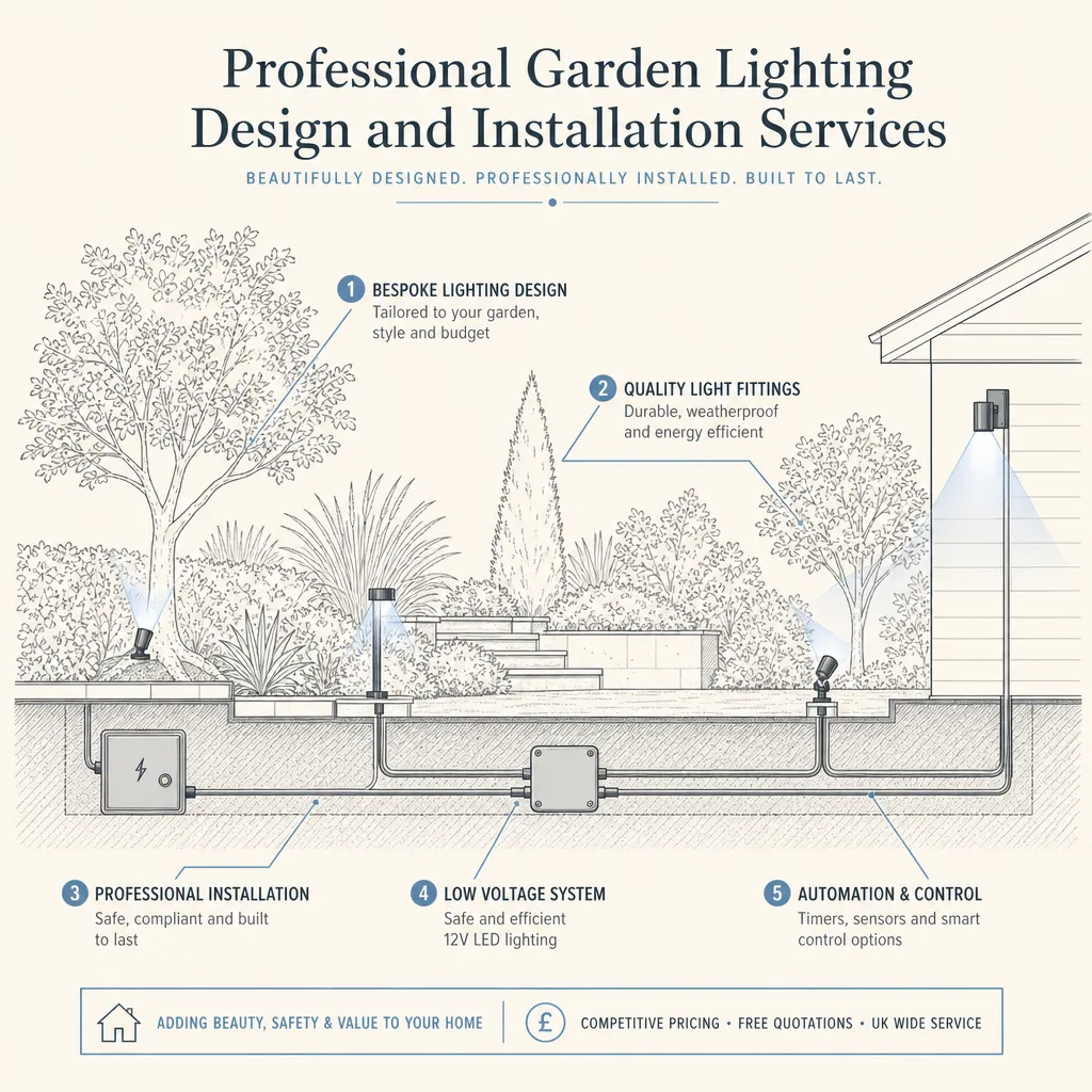 Diagram illustrating: Professional Garden Lighting Design and Installation Services