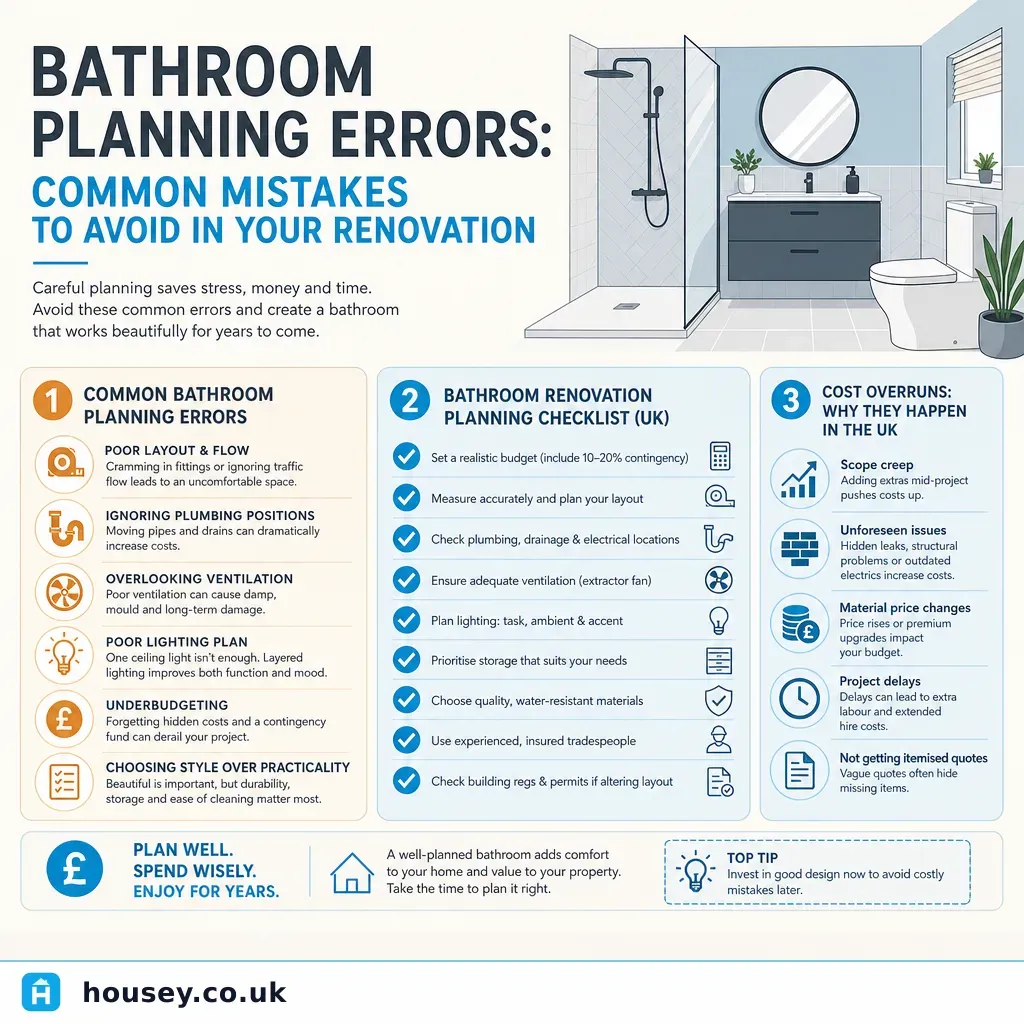 Infographic illustrating: Bathroom Planning Errors: Common Mistakes to Avoid in Your Renovation