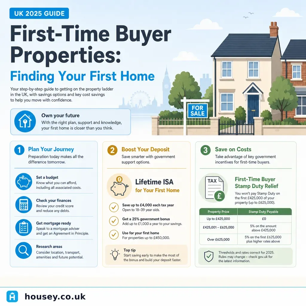 Infographic illustrating: First-Time Buyer Properties: Finding Your First Home