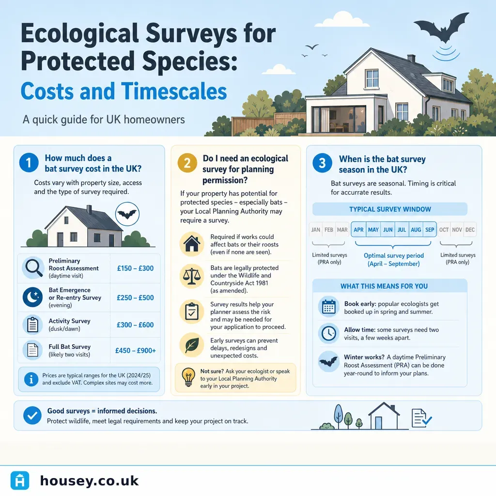 Infographic illustrating: Ecological Surveys for Protected Species: Costs and Timescales