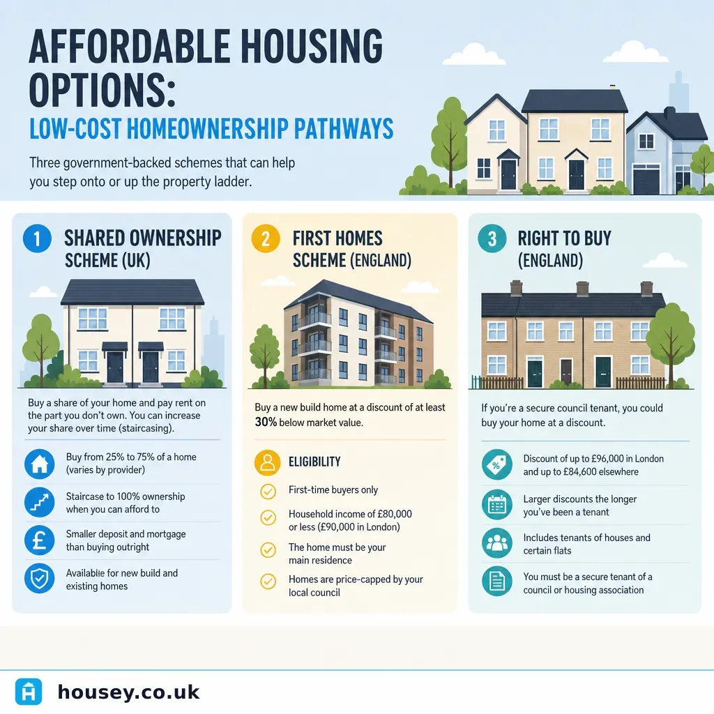 Infographic illustrating: Affordable Housing Options: Low-Cost Homeownership Pathways