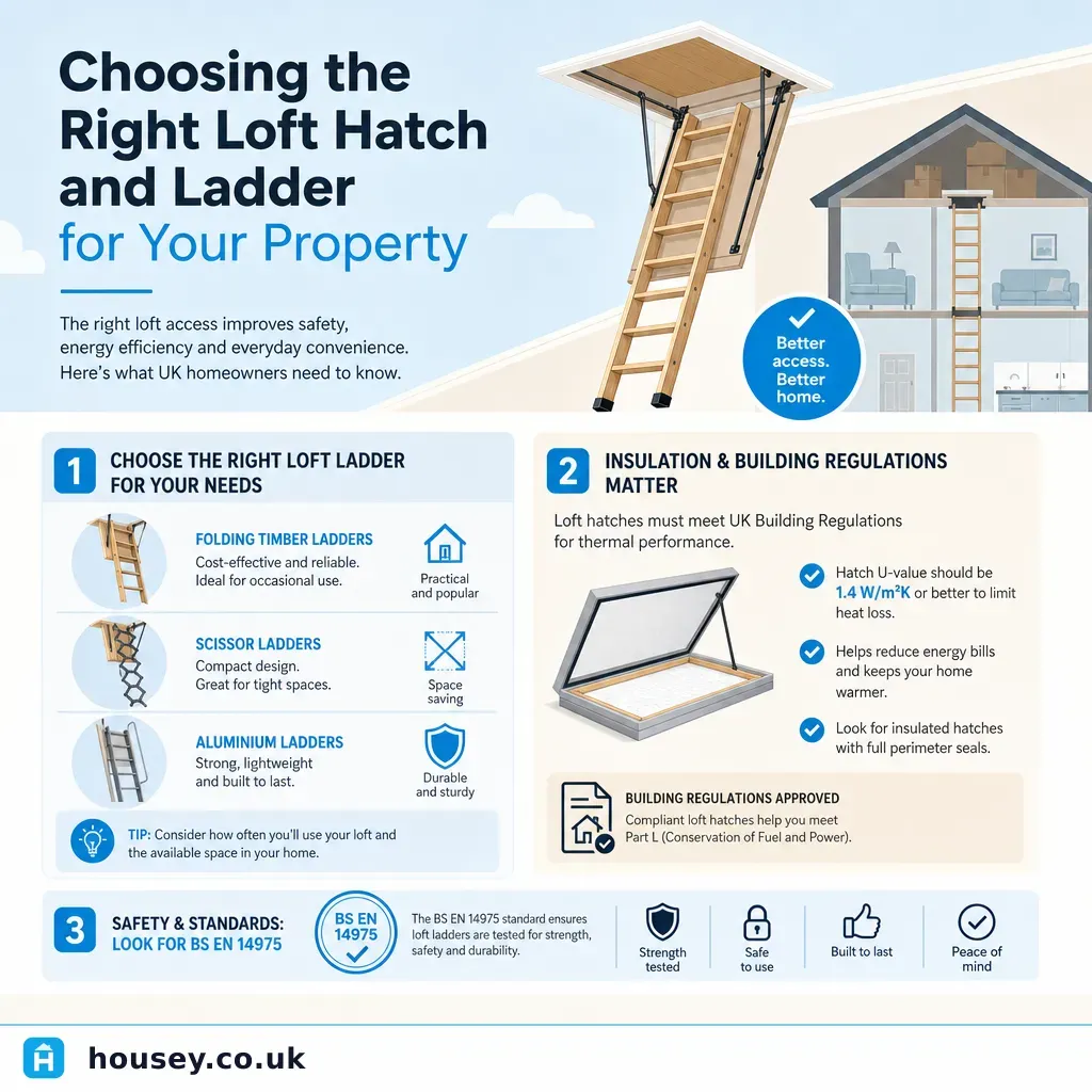 Infographic illustrating: Choosing the Right Loft Hatch and Ladder for Your Property