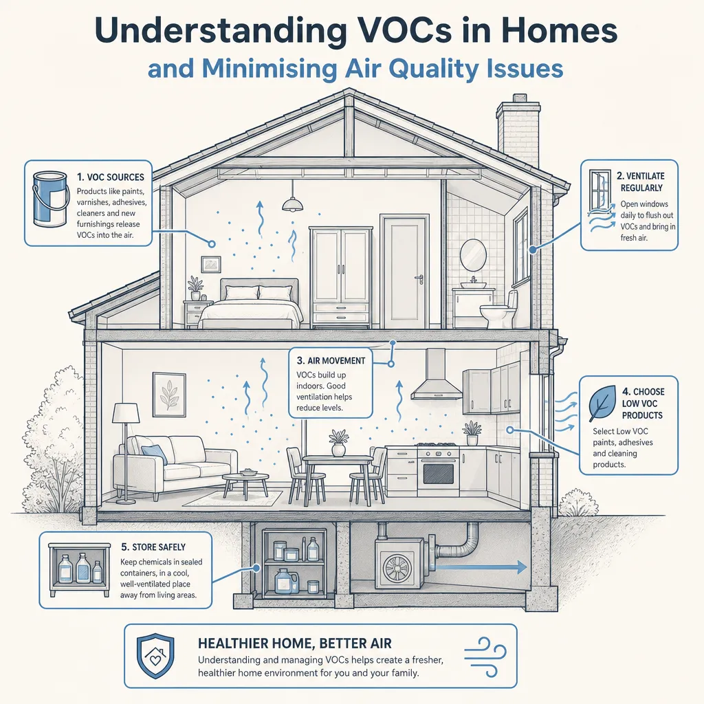 Diagram illustrating: Understanding VOCs in Homes and Minimising Air Quality Issues