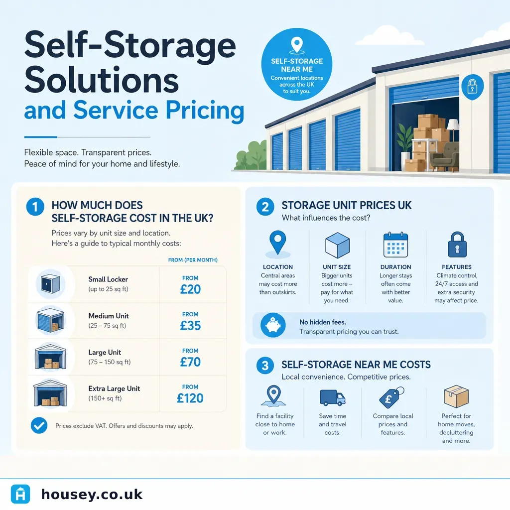 Infographic illustrating: Self-Storage Solutions and Service Pricing