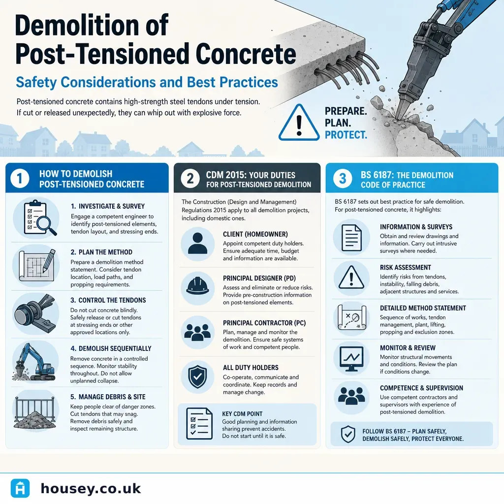 Infographic illustrating: Demolition of Post-Tensioned Concrete: Safety Considerations and Best Practices