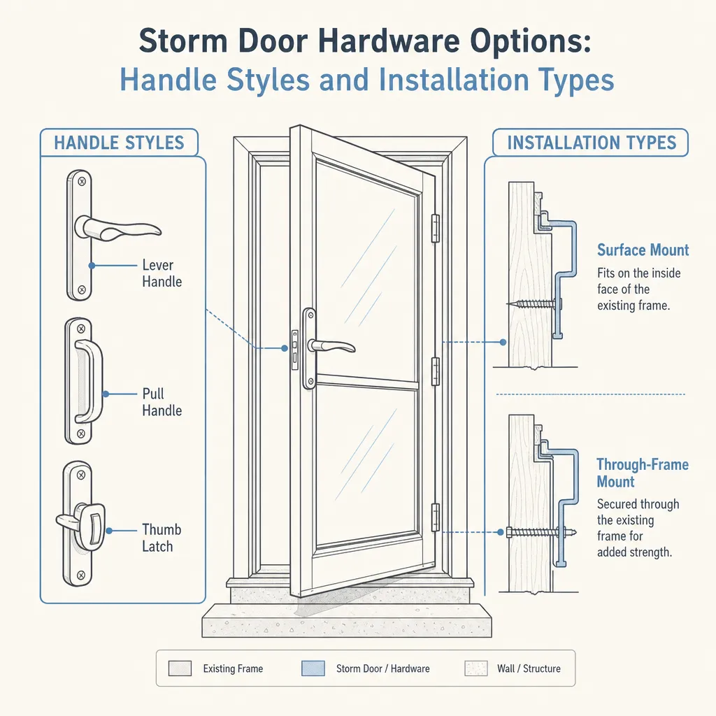Diagram illustrating: Storm Door Hardware Options: Handle Styles and Installation Types