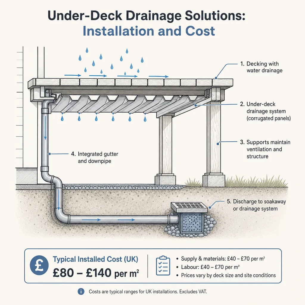 Diagram illustrating: Under-Deck Drainage Solutions: Installation and Cost