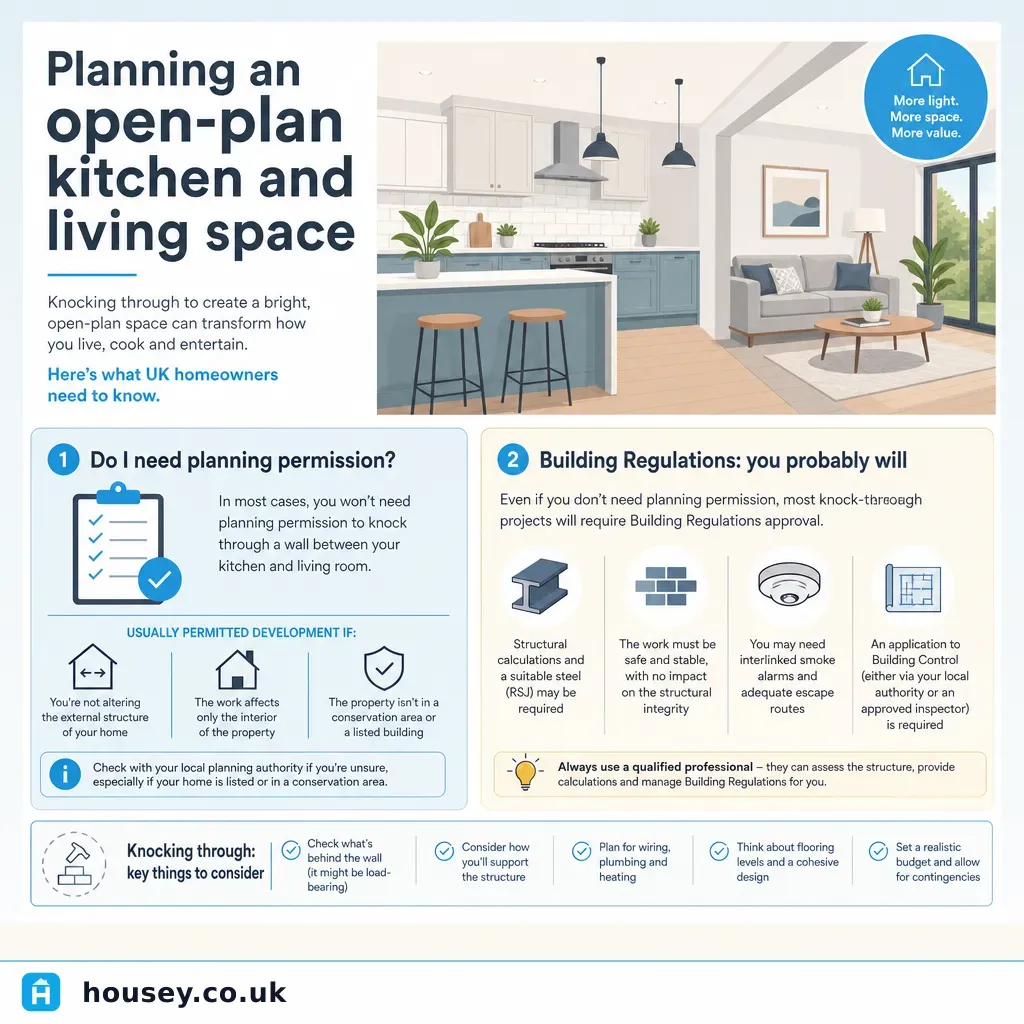 Infographic illustrating: Planning an open-plan kitchen and living space