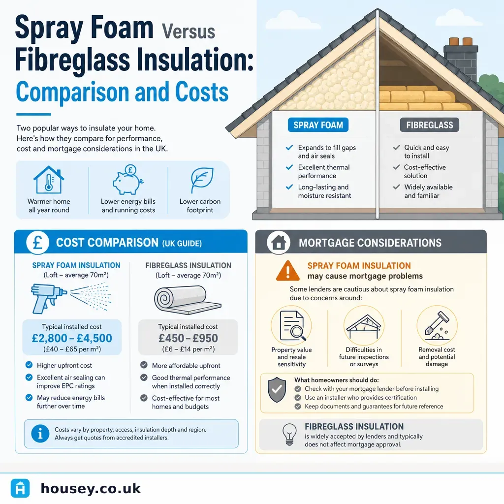 Infographic illustrating: Spray Foam Versus Fibreglass Insulation: Comparison and Costs