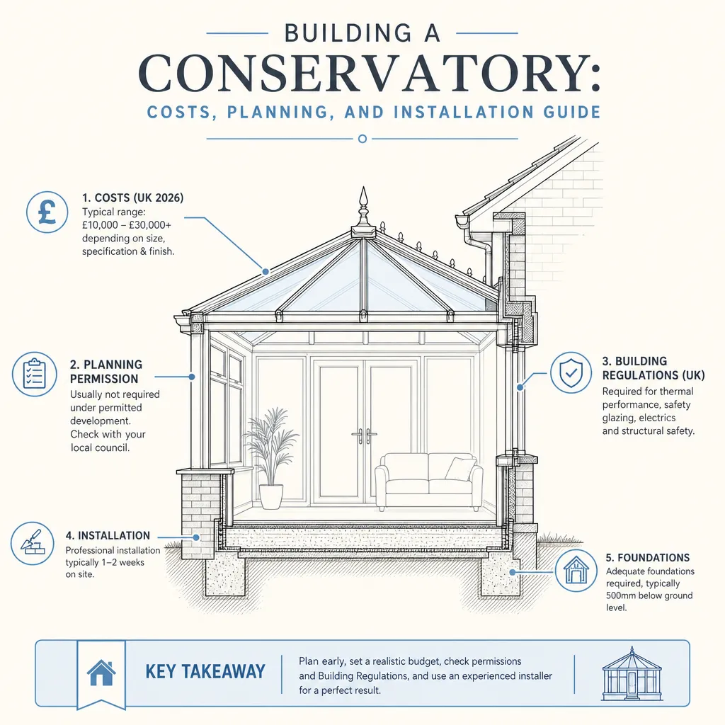 Diagram illustrating: Building a Conservatory: Costs, Planning, and Installation Guide
