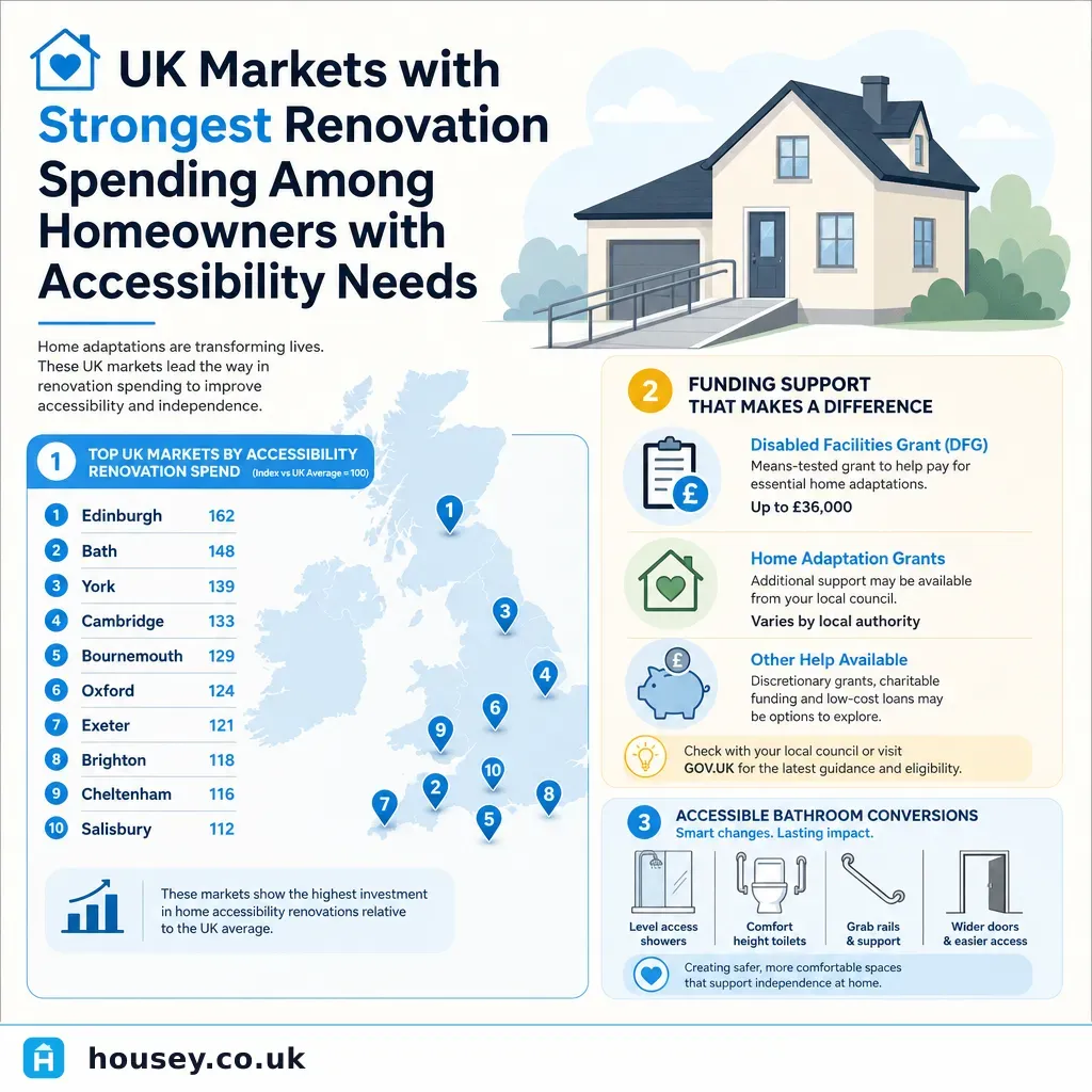 Infographic illustrating: UK Markets with Strongest Renovation Spending Among Homeowners with Accessibility Needs