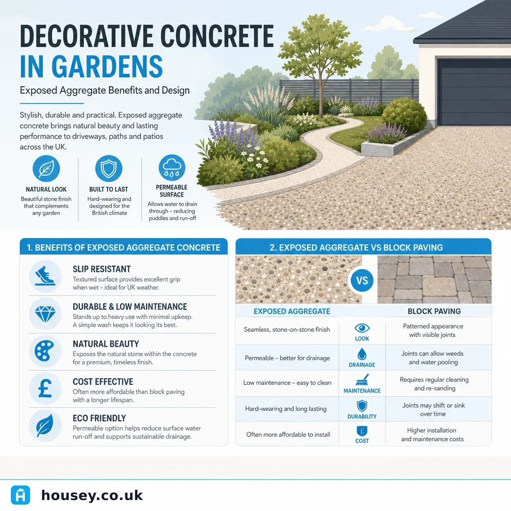 Infographic illustrating: Decorative Concrete in Gardens: Exposed Aggregate Benefits and Design