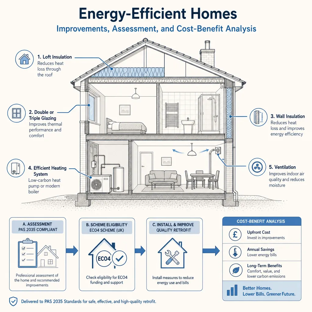Diagram illustrating: Energy-Efficient Homes: Improvements, Assessment, and Cost-Benefit Analysis