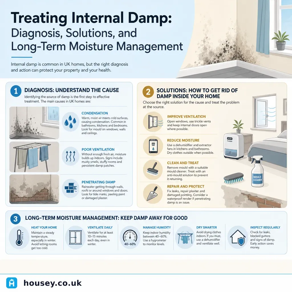 Infographic illustrating: Treating Internal Damp: Diagnosis, Solutions, and Long-Term Moisture Management