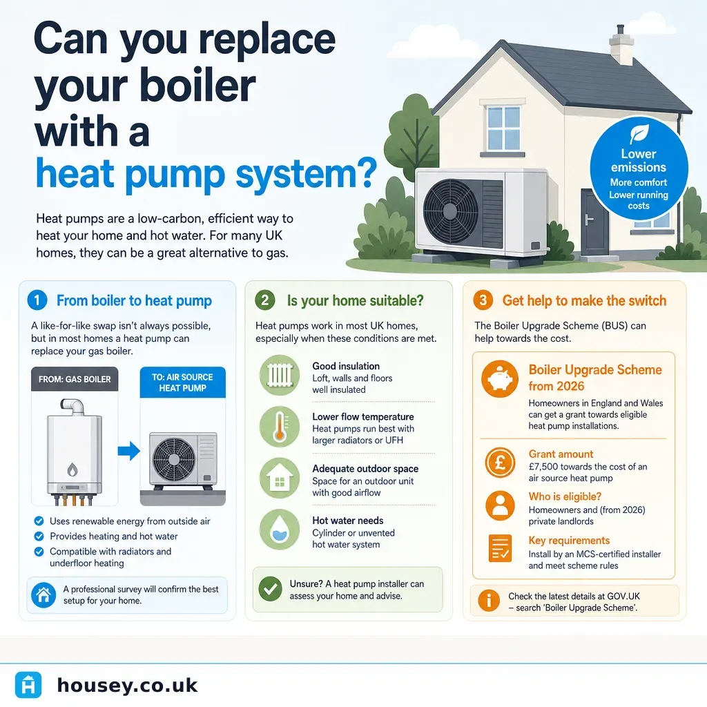 Infographic illustrating: Can you replace your boiler with a heat pump system?