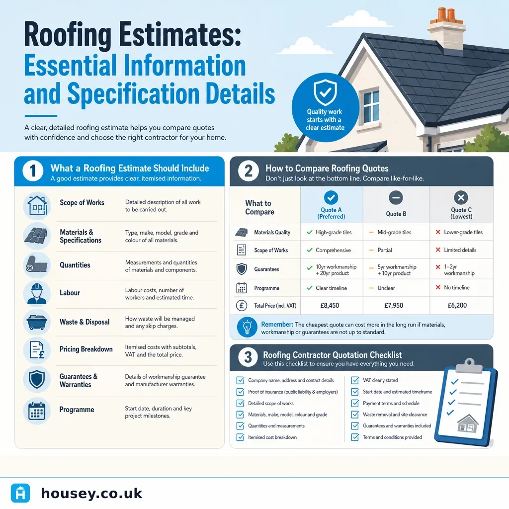 Infographic illustrating: Roofing Estimates: Essential Information and Specification Details