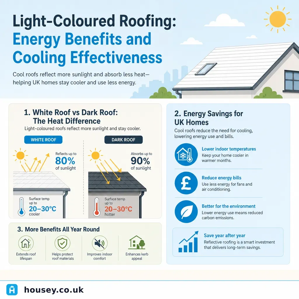Infographic illustrating: Light-Coloured Roofing: Energy Benefits and Cooling Effectiveness