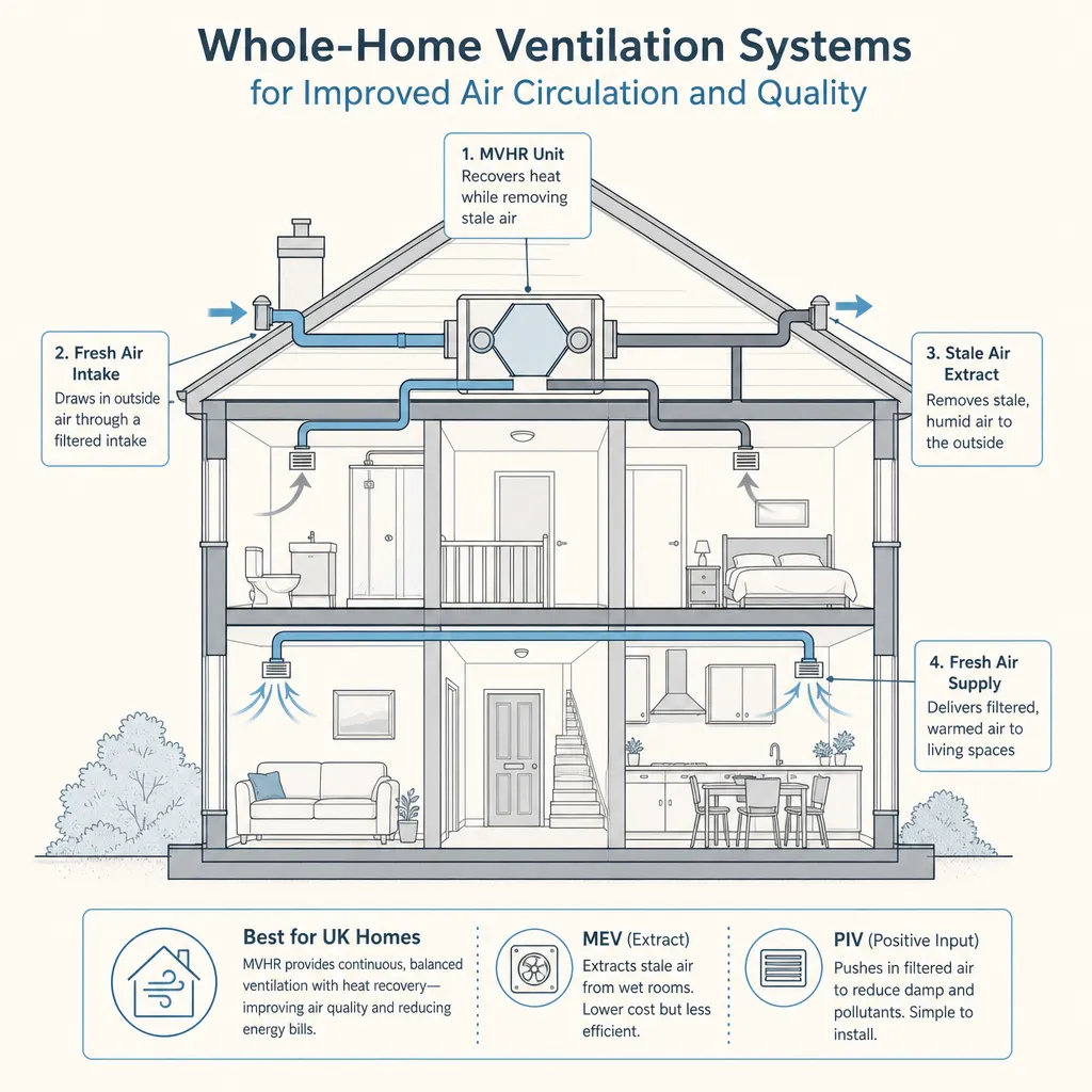 Diagram illustrating: Whole-Home Ventilation Systems for Improved Air Circulation and Quality
