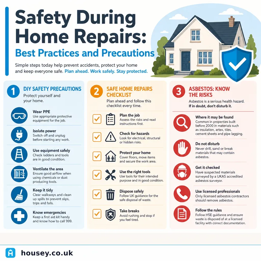 Infographic illustrating: Safety During Home Repairs: Best Practices and Precautions