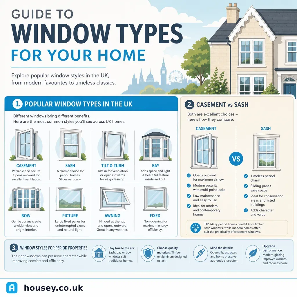 Infographic illustrating: Guide to Window Types for Your Home