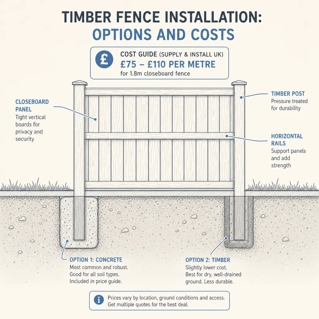 Diagram illustrating: Timber Fence Installation: Options and Costs