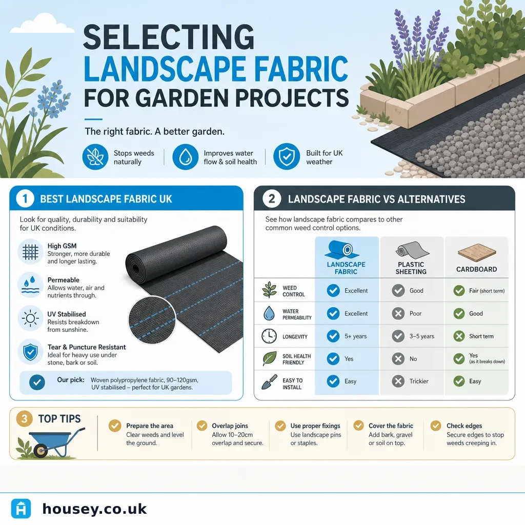 Infographic illustrating: Selecting Landscape Fabric for Garden Projects