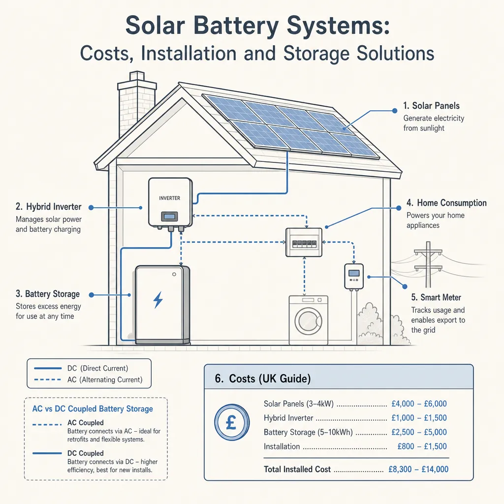 Diagram illustrating: Solar Battery Systems: Costs, Installation and Storage Solutions